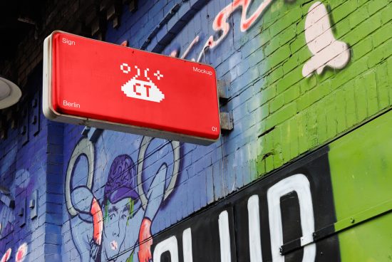 Urban mockup of a red rectangular sign on a wall with graffiti, ideal for displaying logos or branding designs for modern presentation.